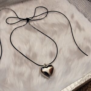 Silver Heart Pendant Black Necklace